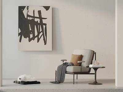 Modern Single Sofa With Brown Cushion Gray Blanket Near Abstract Painting And White Cat 3d model