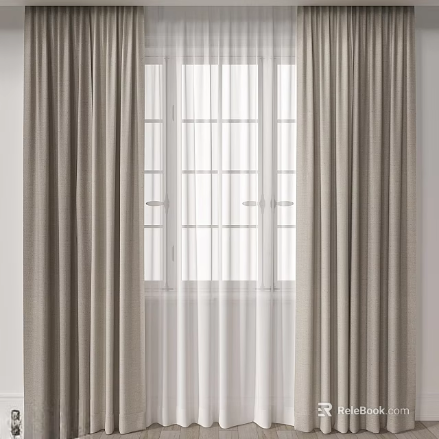 Light Gray Double Layer Curtain With Sheer Panel For Minimalist Room Window Frame 3d model 