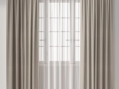 Light Gray Double Layer Curtain With Sheer Panel For Minimalist Room Window Frame 3d model