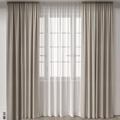 Light Gray Double Layer Curtain With Sheer Panel For Minimalist Room Window Frame 3d model