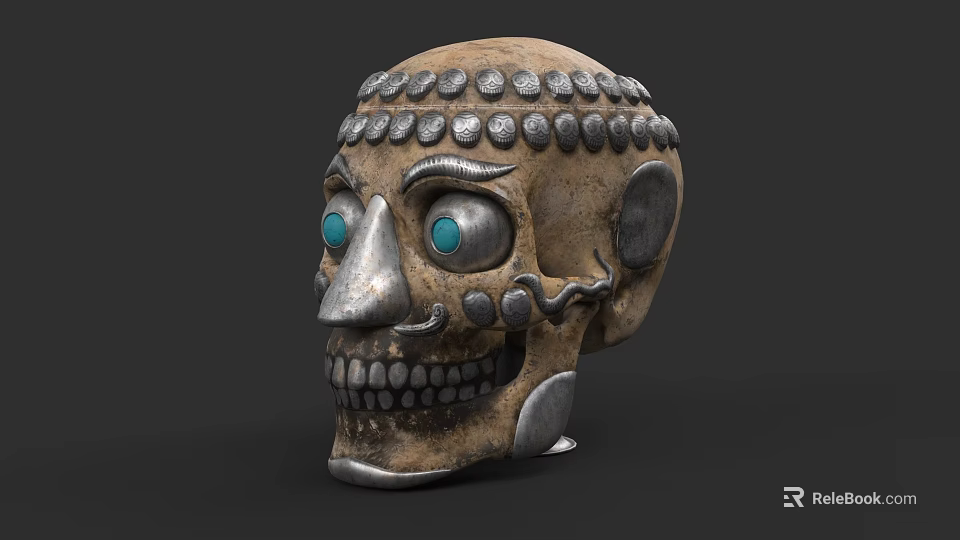 Industrial Equipment Skull Shaped Model With Metal Decor And Blue Glass Eyes 3d model 