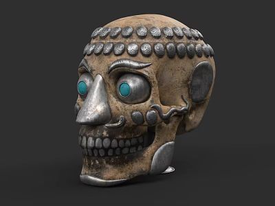 Industrial Equipment Skull Shaped Model With Metal Decor And Blue Glass Eyes 3d model
