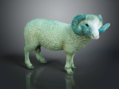 Green Sheep Statue With Blue Curved Horns White Face On Dark Reflective Surface 3d model