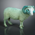 Green Sheep Statue With Blue Curved Horns White Face On Dark Reflective Surface