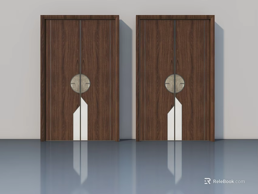 Two Brown Wooden Swing Doors With Round Knobs White Decorative Strips Modern Interior 3d model