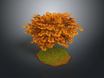 Autumn Tree with Vibrant Orange Leaves and Fallen Leaves on Green Grassy Ground 3d model