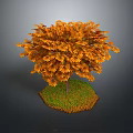 Autumn Tree with Vibrant Orange Leaves and Fallen Leaves on Green Grassy Ground