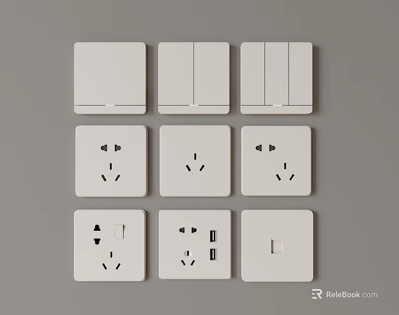 Modern White Switch Panels with Various Socket and Switch Designs in Organized Grid 3d model