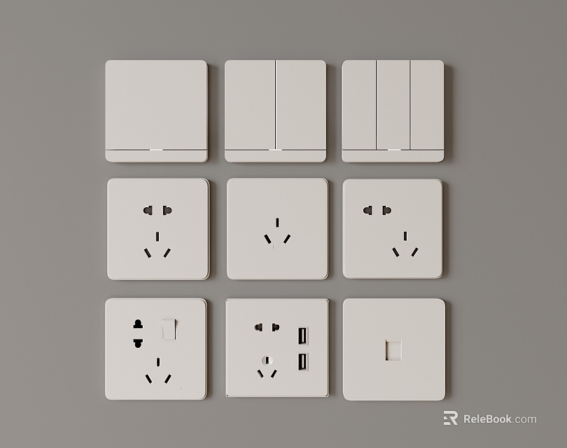 Modern White Switch Panels with Various Socket and Switch Designs in Organized Grid 3d model 
