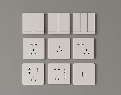 Modern White Switch Panels with Various Socket and Switch Designs in Organized Grid 3d model