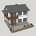 Chinese Style Two Story Detached Villa With Traditional Roof Blue Windows And Balcony