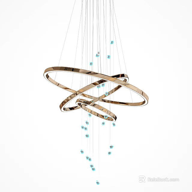 Modern Chandelier With Intertwined Metal Rings And Blue Glass Beads Hanging 3d model 