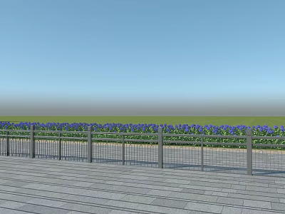 Modern Metal Fence on Wooden Deck with Green Grass and Blue Flowers 3d model