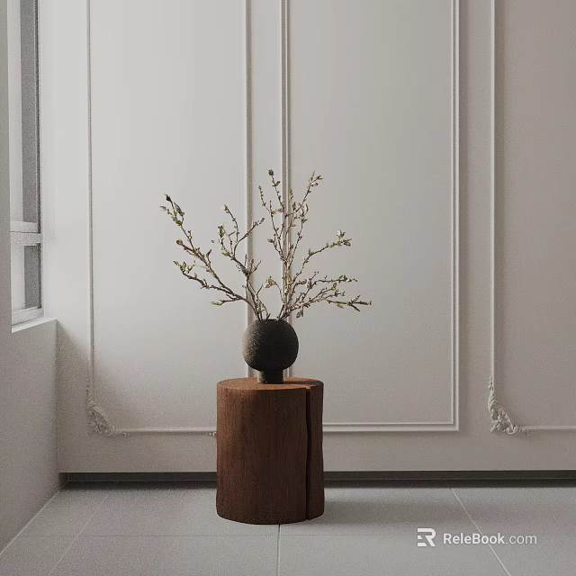 Wooden Side Table Featuring Black Vase with Dried Branches against White Wall Decorative Molding 3d model 