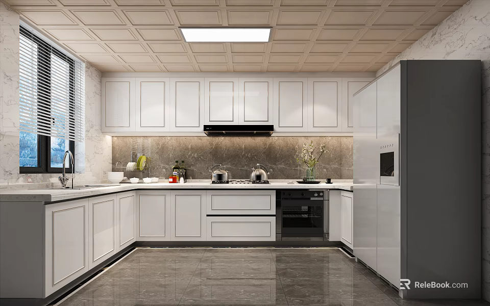 Modern Kitchen Interior With White Cabinets Black Appliances Marble Countertop And Ceiling Light 3d model 