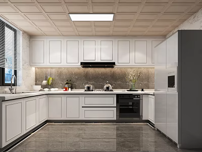 Modern Kitchen Interior With White Cabinets Black Appliances Marble Countertop And Ceiling Light 3d model