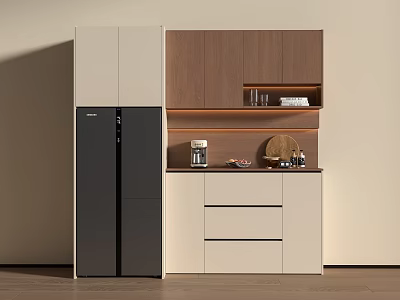 Modern Home Sideboard With White Wood Cabinets Drawers Refrigerator And Coffee Machine 3d model
