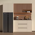 Modern Home Sideboard With White Wood Cabinets Drawers Refrigerator And Coffee Machine