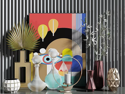Modern Locker Interior Design With Abstract Painting Striped Wall And Decorative Vases 3d model