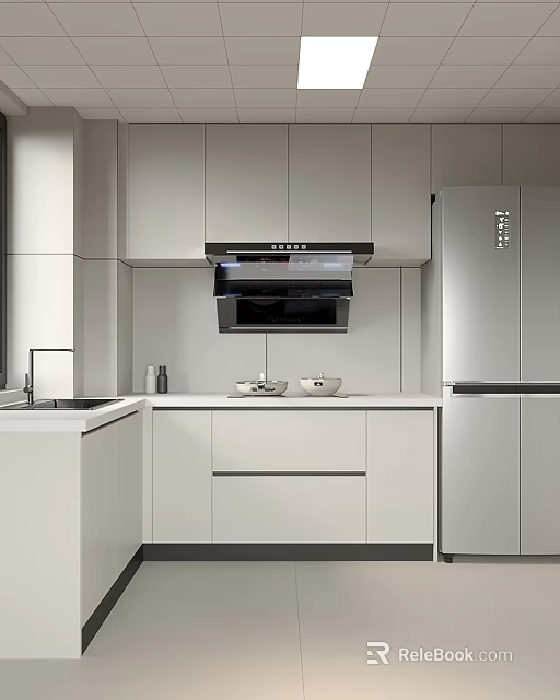 Modern Kitchen Interior With White Cabinets Silver Refrigerator Countertop And Appliances 3d model 