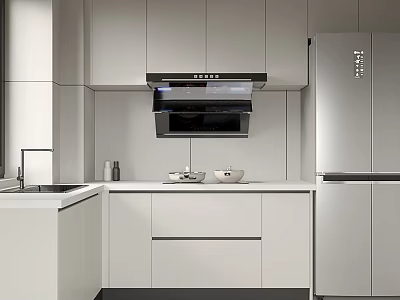 Modern Kitchen Interior With White Cabinets Silver Refrigerator Countertop And Appliances 3d model