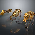 Three Golden Prehistoric Mammoth Skeletons Displayed on Dark Reflective Background