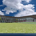 Modern Sales Office Building Exterior Design With Sloped Roof Large Glass Wall And Lawn Path