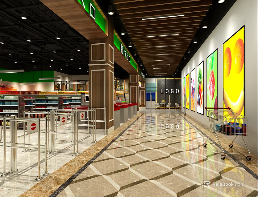 Modern Supermarket Interior With Spacious Aisles Shopping Carts Shelves And Colorful Fruit Posters On Walls 3d model 