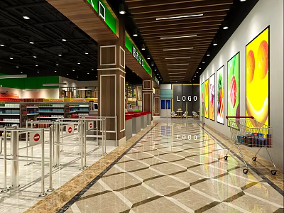 Modern Supermarket Interior With Spacious Aisles Shopping Carts Shelves And Colorful Fruit Posters On Walls 3d model