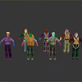 Game And Movie Characters In Blue Shirts Orange Life Vests Hats With Different Poses Standing