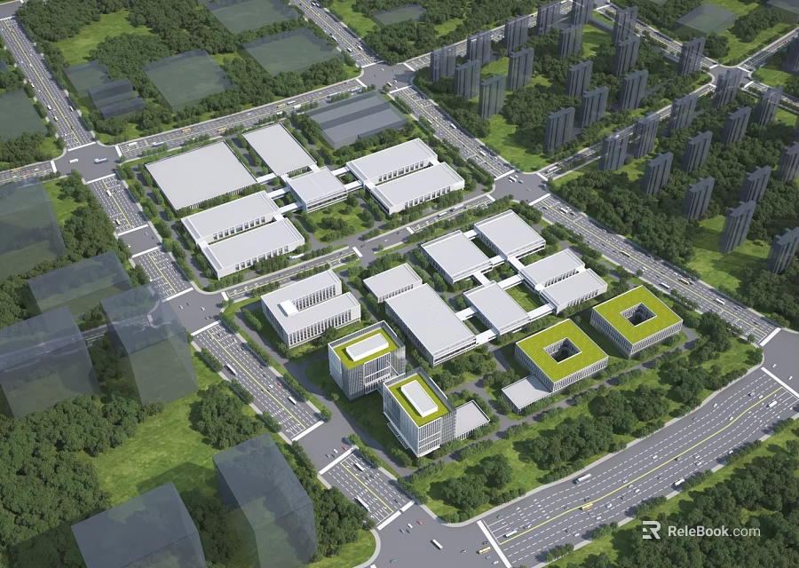 Modern Industrial Plant Complex With Multiple Buildings Green Spaces And Road Networks 3d model 