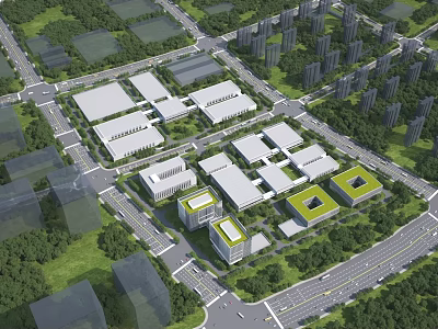 Modern Industrial Plant Complex With Multiple Buildings Green Spaces And Road Networks 3d model