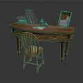 Vintage Wooden Writing Desk With Books Ink Bottle Quill Pen Photo Frame And Wooden Chair