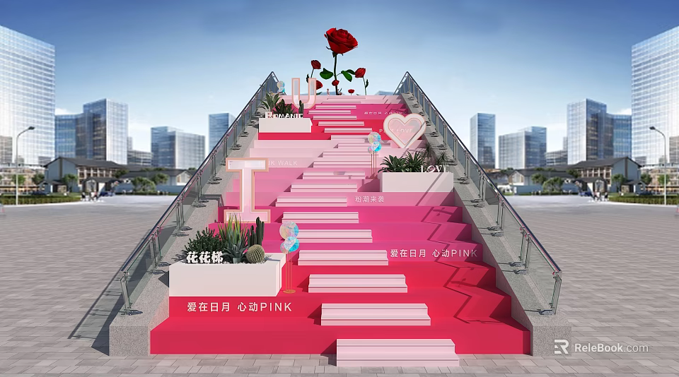 Romantic Pink Steps With Red Rose Heart Decoration And City View 3d model 