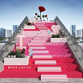 Romantic Pink Steps With Red Rose Heart Decoration And City View