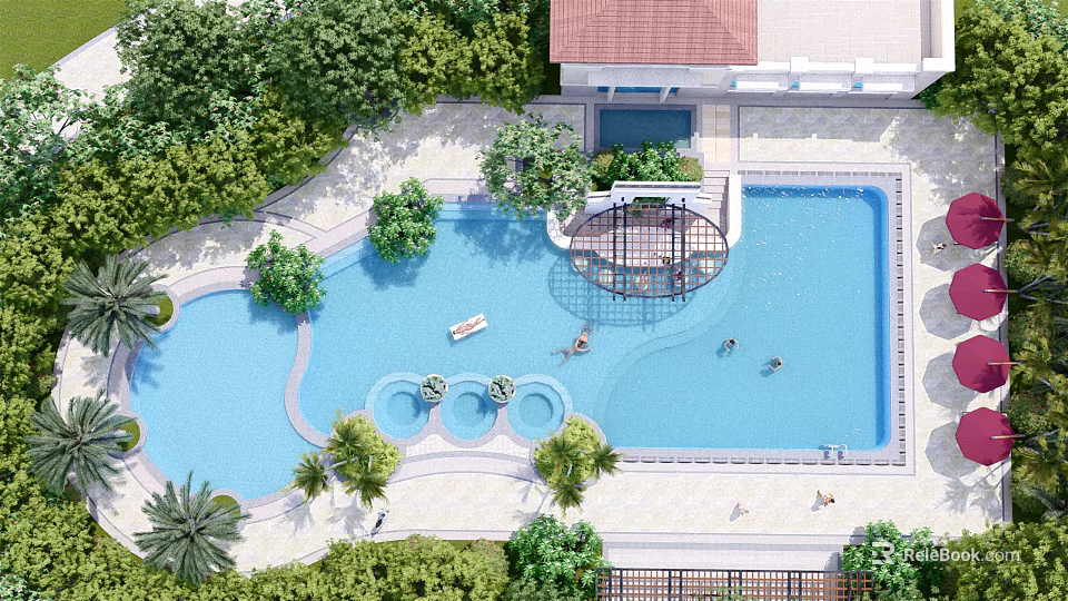 Luxury Outdoor Swimming Pool Area With Green Trees Sunshade Pavilion Lounge Chairs And Swimmers 3d model 