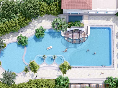 Luxury Outdoor Swimming Pool Area With Green Trees Sunshade Pavilion Lounge Chairs And Swimmers 3d model