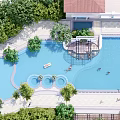 Luxury Outdoor Swimming Pool Area With Green Trees Sunshade Pavilion Lounge Chairs And Swimmers