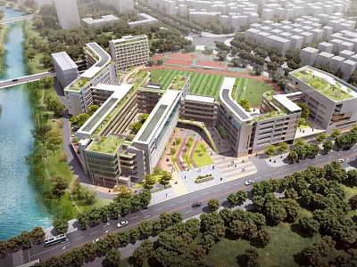 Modern School Building Campus With Green Roofs River Sports Field And Trees 3d model