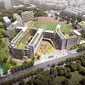 Modern School Building Campus With Green Roofs River Sports Field And Trees