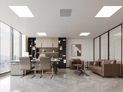 Modern Office Interior Open Space Design With Large Windows Desk Sofa And Marble Floor 3d model
