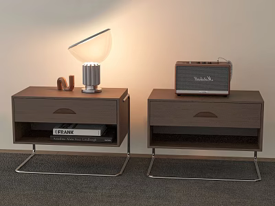 Two Wooden Nightstands With Drawers Metal Frames Table Lamp Radio And Strange Book 3d model