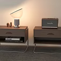 Two Wooden Nightstands With Drawers Metal Frames Table Lamp Radio And Strange Book