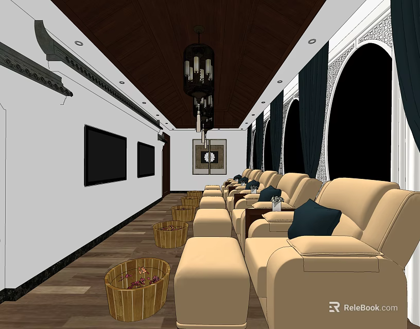 SPA Sauna Comfortable Relaxation Room With Beige Sofas Footstools And Arched Windows 3d model 
