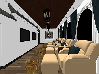 SPA Sauna Comfortable Relaxation Room With Beige Sofas Footstools And Arched Windows 3d model