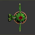 Green Spiky Cactus With Red Flower In Decorative Green And Orange Pot