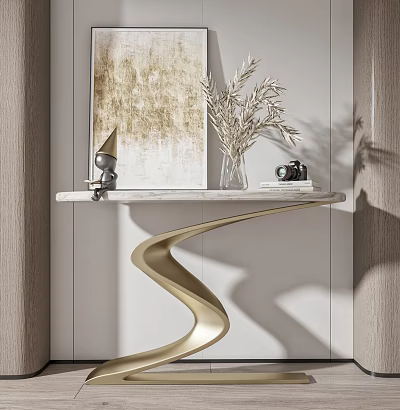 Console Table With Marble Top Gold Spiral Base Sculpture Dried Pampas Grass Camera And Artwork 3d model