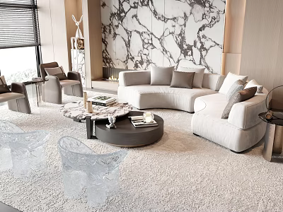 Modern Living Room Light Colored Sofa Coffee Table Set With Marble Wall And Transparent Chairs 3d model