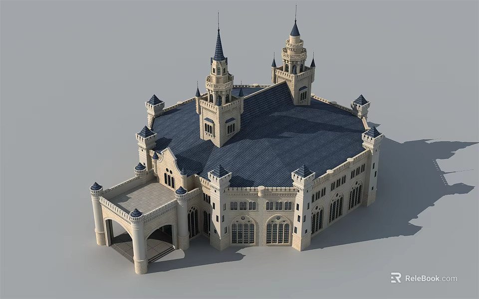 Historic European Style Ancient Architecture with Spires Blue Roof Arched Doorway and Windows 3d model 