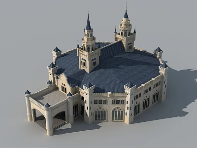Historic European Style Ancient Architecture with Spires Blue Roof Arched Doorway and Windows 3d model